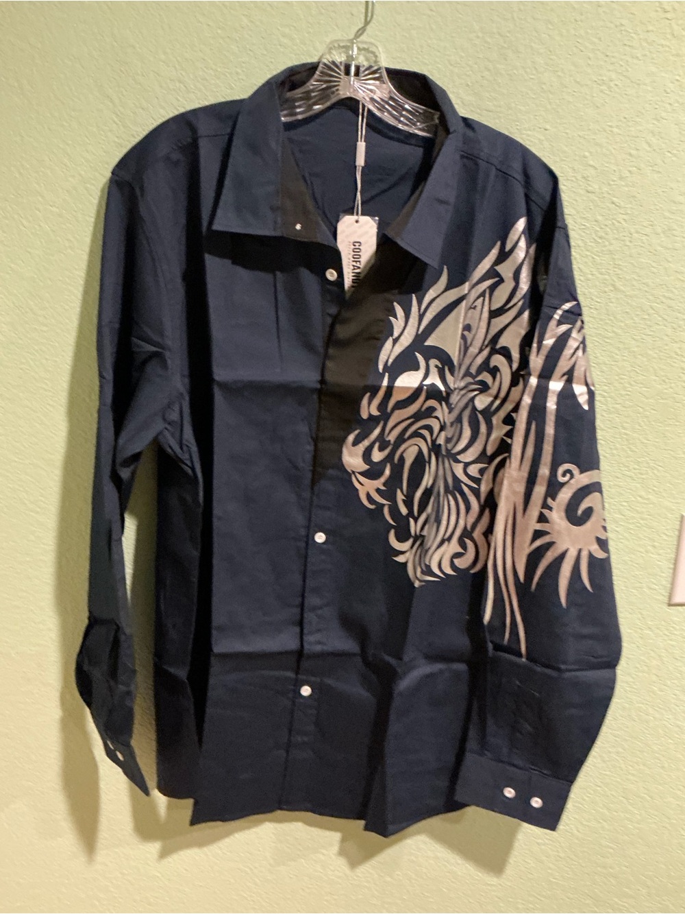 Men's Navy Button-Down Shirt with Silver Tribal Print